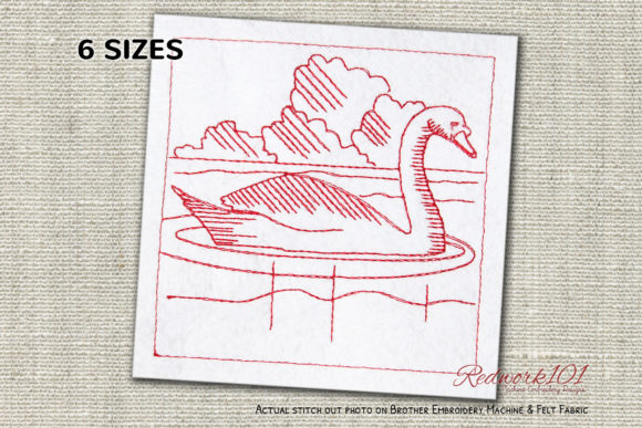 Swan in Water at Sunset Redwork Design